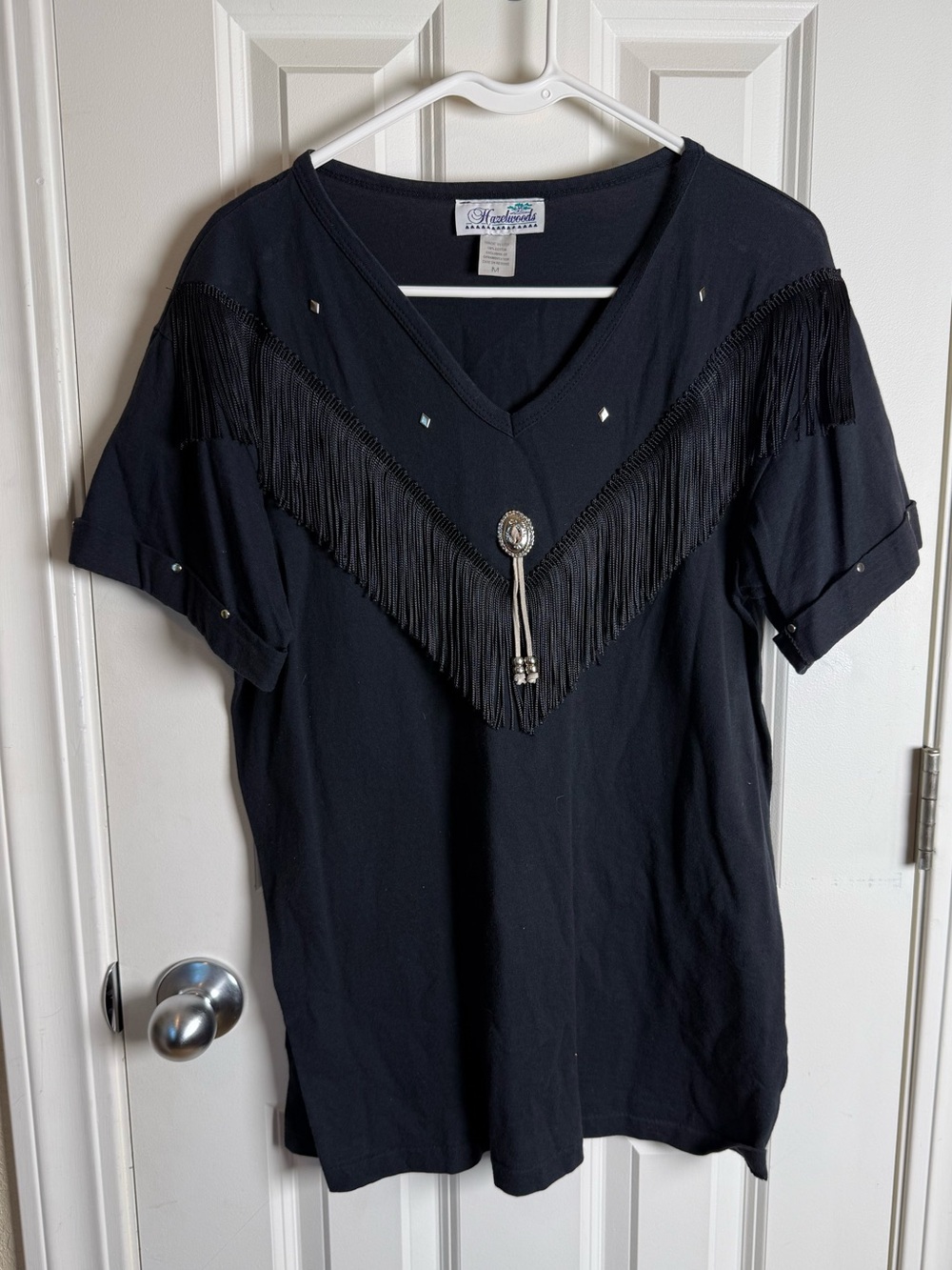 Black Fringe V-Neck Top with Bolo Accent